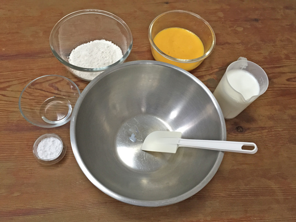 製作圖解，麵粉，蛋、牛奶、水